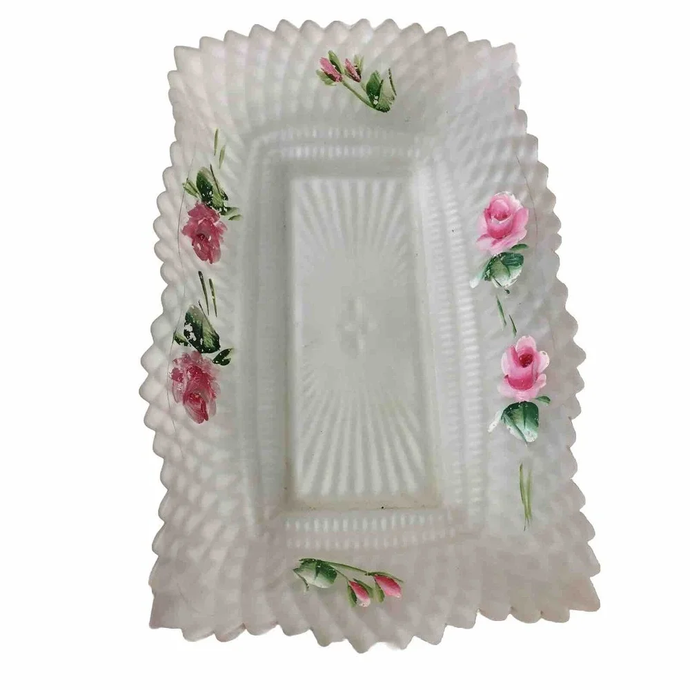 Vintage Pink Roses Frosted Satin Glass Candy Trinket Dish Shabby Chic Cottage